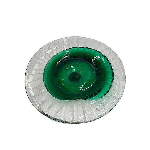 Green Art Glass Decorative Plate Dish Hand Made & Etched Clear Green Swirled - Picture 1 of 10